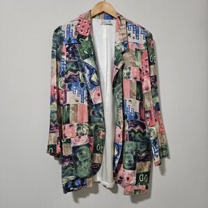 Danielle B Vintage Abstract Geometric Print Blazer Rayon Open Front Jacket Small